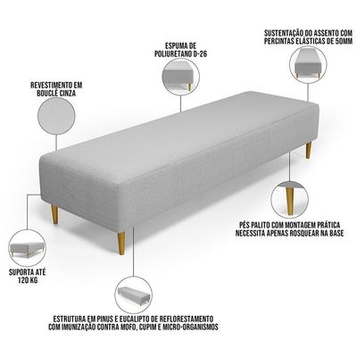 Kit 02 Puffs Decorativo Sala De Estar Bali W01 Pés Palito 210x60cm Bouclê Cinza - Lyam Decor