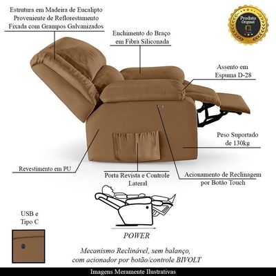 Poltrona Do Papai Reclinável Sala De Cinema Barcelona Touch Usb Pu Caramelo
