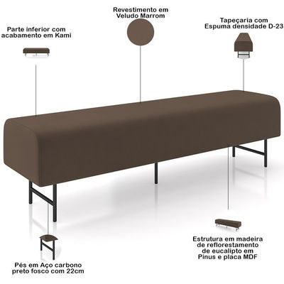 Puff Recamier Decorativo Com Pés Industrial 195cm Novara P05 Veludo Marrom - Lyam Decor