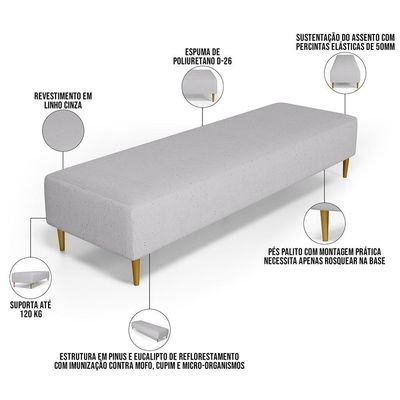 Kit 02 Puffs Decorativo Sala De Estar Bali W01 Pés Palito 190x60cm Linho Cinza - Lyam Decor