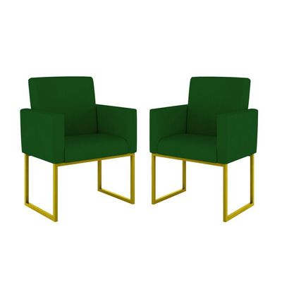 Kit 2 Poltrona Cadeira Decorativa Recepção Base Ferro Dourado Cor:verde