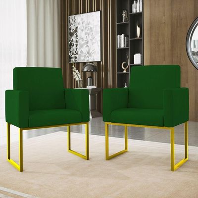 Kit 2 Poltrona Cadeira Decorativa Recepção Base Ferro Dourado Cor:verde