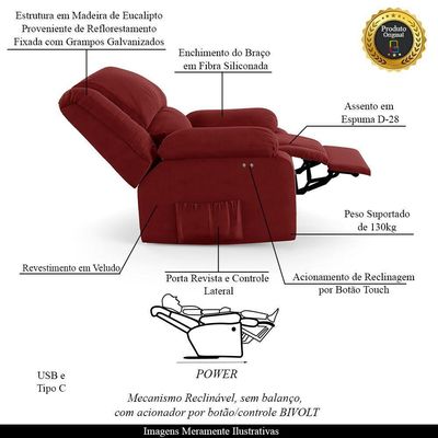 Poltrona Do Papai Reclinável Sala De Cinema Barcelona Touch Usb Veludo Vermelho