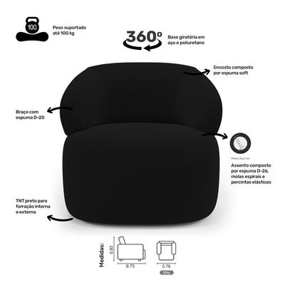 Kit Poltrona Giratória E Sofá Orgânico Living Glee 03 Lugares 170cm Veludo Preto - Desk Design