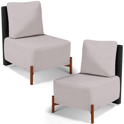 Kit 02 Poltronas Decorativas Sala De Estar Living Hungria L02 Couríssimo Preto Linho Bege - Lyam