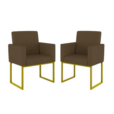Kit 2 Poltrona Cadeira Decorativa Recepção Base Ferro Dourado Cor:marrom