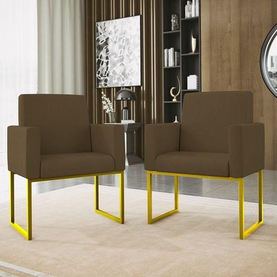 Kit 2 Poltrona Cadeira Decorativa Recepção Base Ferro Dourado Cor:marrom