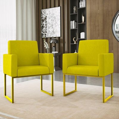 Kit 2 Poltrona Cadeira Decorativa Recepção Base Ferro Dourado Cor:amarelo