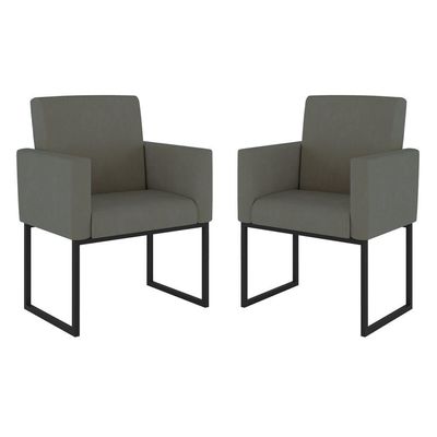 Kit 02 Poltrona Cadeira Decorativa Recepção Base Ferro Preto Cor:cinza