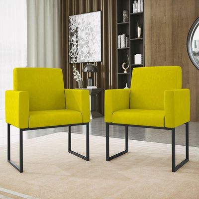 Kit 02 Poltrona Cadeira Decorativa Recepção Base Ferro Preto Cor:amarelo