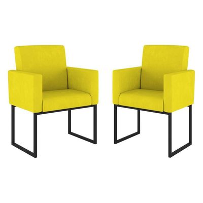 Kit 02 Poltrona Cadeira Decorativa Recepção Base Ferro Preto Cor:amarelo