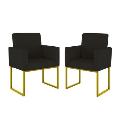 Kit 2 Poltrona Cadeira Decorativa Recepção Base Ferro Dourado Preto