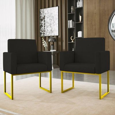 Kit 2 Poltrona Cadeira Decorativa Recepção Base Ferro Dourado Preto