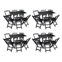Kit 4 Conjuntos De Mesa Dobráveis De Madeira 70x110cm Com 6 Cadeiras Preta - Cor: Preto