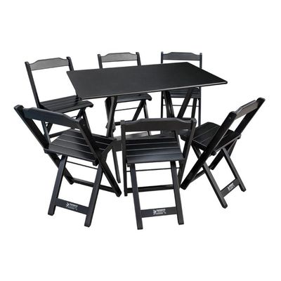 Kit 10 Conjuntos De Mesa Dobráveis De Madeira 70x110cm Com 6 Cadeiras Preta - Cor: Preto