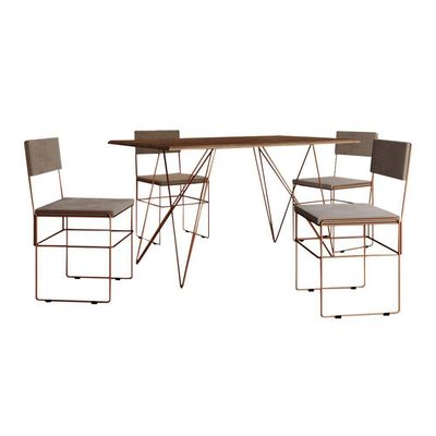 Mesa Jantar Industrial Trama 1,40X0,80M Amêndoa Com 4 Cadeiras Estofadas Vitória Bege E Cobre