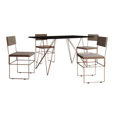Mesa Jantar Industrial Trama 1,40X0,80M Preta Com 4 Cadeiras Estofadas Vitória Bege E Cobre