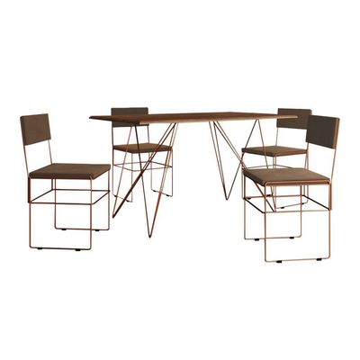 Mesa Jantar Industrial Trama 1,40X0,80M Amêndoa Com 4 Cadeiras Estofadas Vitória Marrom E Cobre