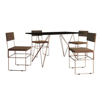 Mesa Jantar Industrial Trama 1,40X0,80M Preta Com 4 Cadeiras Estofadas Vitória Marrom E Cobre