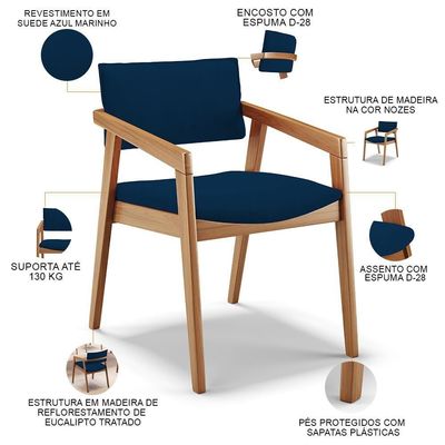 Kit 04 Cadeiras Para Sala De Jantar Estar Living Giorgia B04 Suede Azul Marinho - Lyam Decor