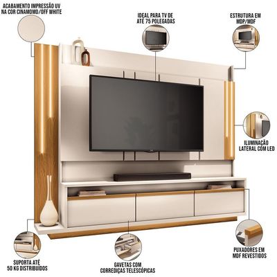 Estante Painel Para Tv 75 Pol Com Led Mound B01 Off White Cinamomo