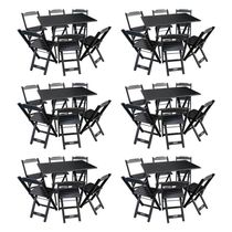 Kit 6 Conjuntos De Mesa Dobráveis De Madeira 70x110cm Com 6 Cadeiras Preta