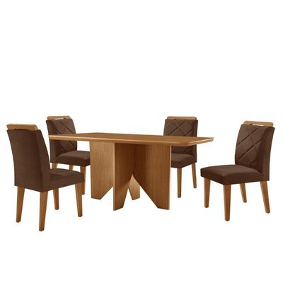 Mesa Evora 120 Mdf Canto Copo E Com 4 Cadeiras Melissa Veludo Marrom-naturalle-naturalle
