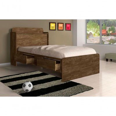 Cama Solteiro Tamires Baú Castanho Com Gavetas