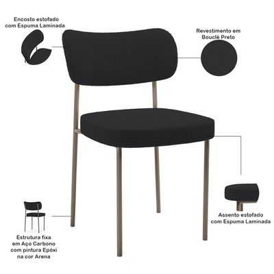 Kit 08 Cadeiras Estofadas Para Sala De Jantar Melina Base Arena L02 Bouclê Preto - Lyam Decor