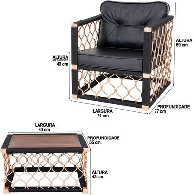 Combo Chaise 2 Poltronas Mesa Corda Náutica