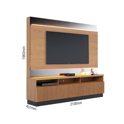 Estante Home Theater Ripado Para Tv Até 70 3 Portas Espelho E Led Marajo Freijó Preto Fosco