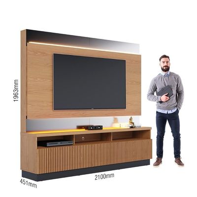 Estante Home Theater Ripado Para Tv Até 70 3 Portas Espelho E Led Marajo Freijó Preto Fosco