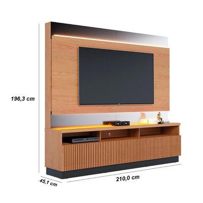 Estante Home Theater Ripado Para Tv Até 70 3 Portas Espelho E Led Marajo Freijó Preto Fosco