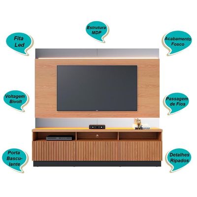 Estante Home Theater Ripado Para Tv Até 70 3 Portas Espelho E Led Marajo Freijó Preto Fosco