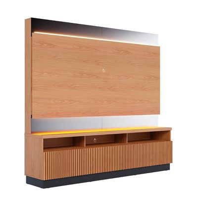 Estante Home Theater Ripado Para Tv Até 70 3 Portas Espelho E Led Marajo Freijó Preto Fosco