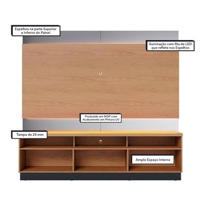 Estante Home Theater Ripado Para Tv Até 70 3 Portas Espelho E Led Marajo Freijó Preto Fosco