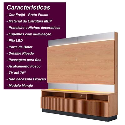 Estante Home Theater Ripado Para Tv Até 70 3 Portas Espelho E Led Marajo Freijó Preto Fosco