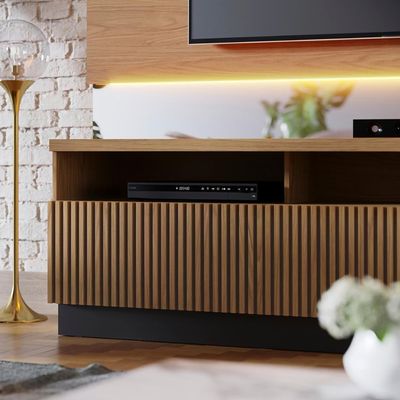 Estante Home Theater Ripado Para Tv Até 70 3 Portas Espelho E Led Marajo Freijó Preto Fosco
