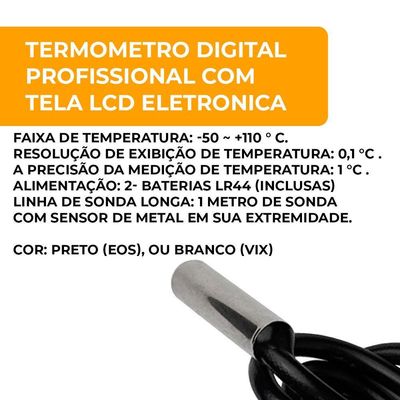 Termômetro Digital Retangular Refrigeração Com Cabo 1 Unidade