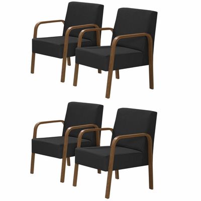 Kit 4 Poltronas 1 Lugar Luna Pé Madeira D Salla Suede Preto.
