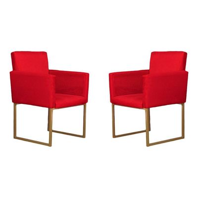 Kit 02 Poltronas Decorativas Klara Base Dourada Em Suede Vermelho