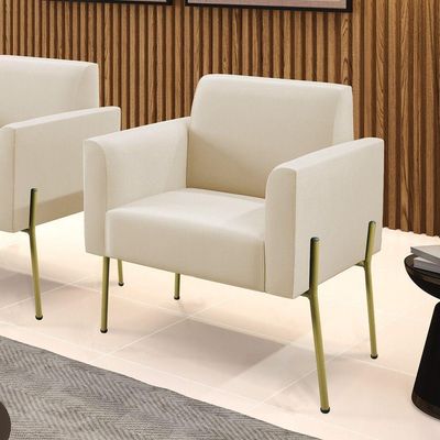 Poltrona Pé De Ferro Dourado Decorativa Marisa Suede D03 Bege