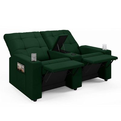 Poltrona Do Papai Reclinável Sala De Cinema 2 Lugares Manual Baú Usb Veludo Verde Esmeralda