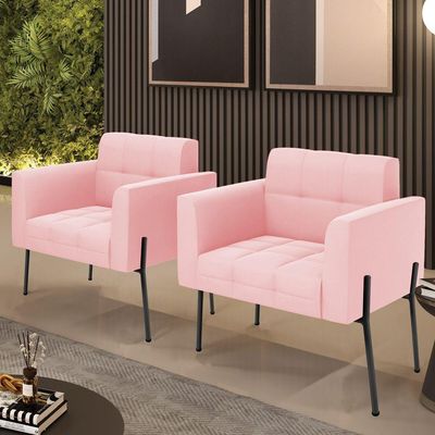 Poltrona Pé De Ferro Preto Para Sala Kit 2 Elisa Suede D03 - D'rossi Cor Rosa Bebê
