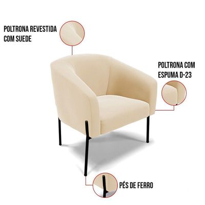 Poltrona Pé De Ferro Preto Kit 2 Stella Suede D03 - D'rossi Cor Bege