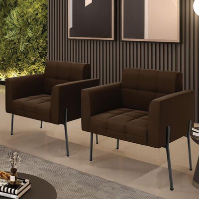 Poltrona Pé De Ferro Preto Para Sala Kit 2 Elisa Suede D03 - D'rossi Cor Marrom