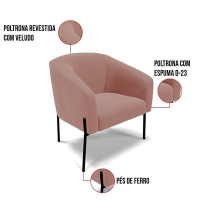 Poltrona Pé De Ferro Preto Sala De Estar Stella Veludo Rosê D03 - D'rossi