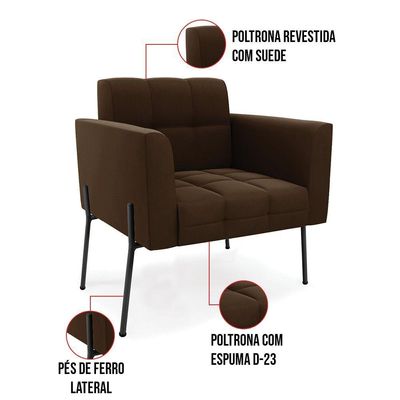 Poltrona Pé De Ferro Preto Para Sala Kit 2 Elisa Suede D03 - D'rossi Cor Marrom