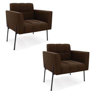Poltrona Pé De Ferro Preto Para Sala Kit 2 Elisa Suede D03 - D'rossi Cor Marrom