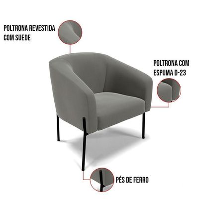 Poltrona Pé De Ferro Preto Kit 2 Stella Suede Grafite D03 - D'rossi